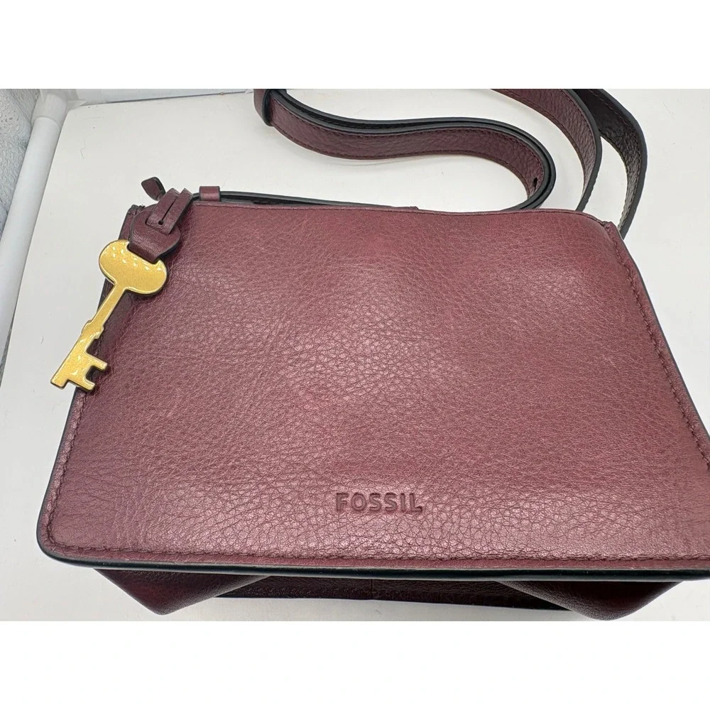 Fossil Wiley Top Handle Crossbody Saddle Bag Burgundy Wine Claret Leather Brass
